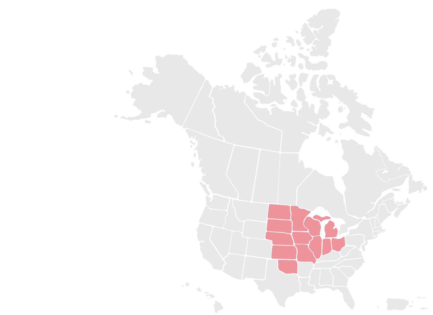 US and Canada map with central US states highlighted in red