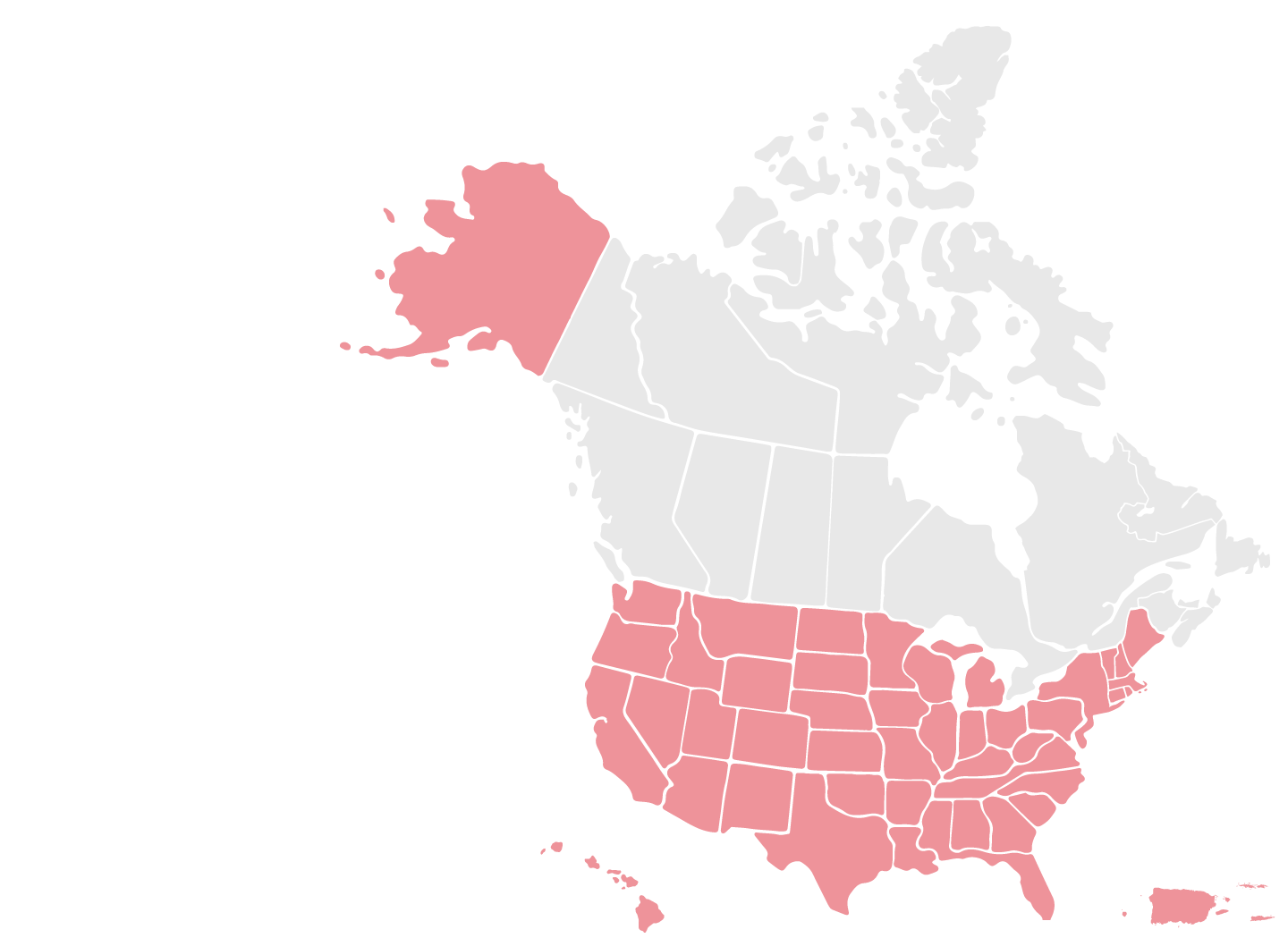 US and Canada map with all US states highlighted in red