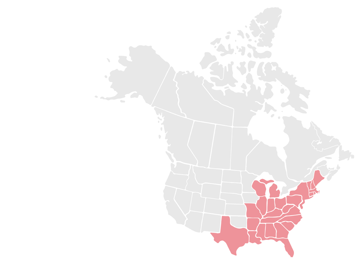 US and Canada map with the eastern US states highlighted