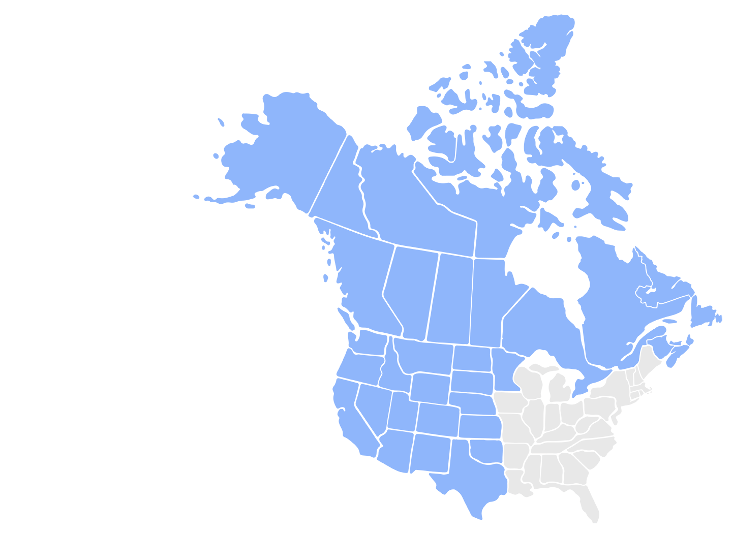 US and Canada map with the western regions highlighted in blue