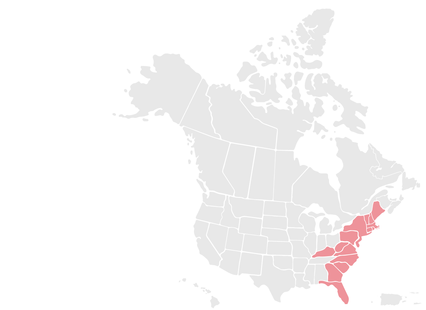 US and Canada map with the eastern US states highlighted in red