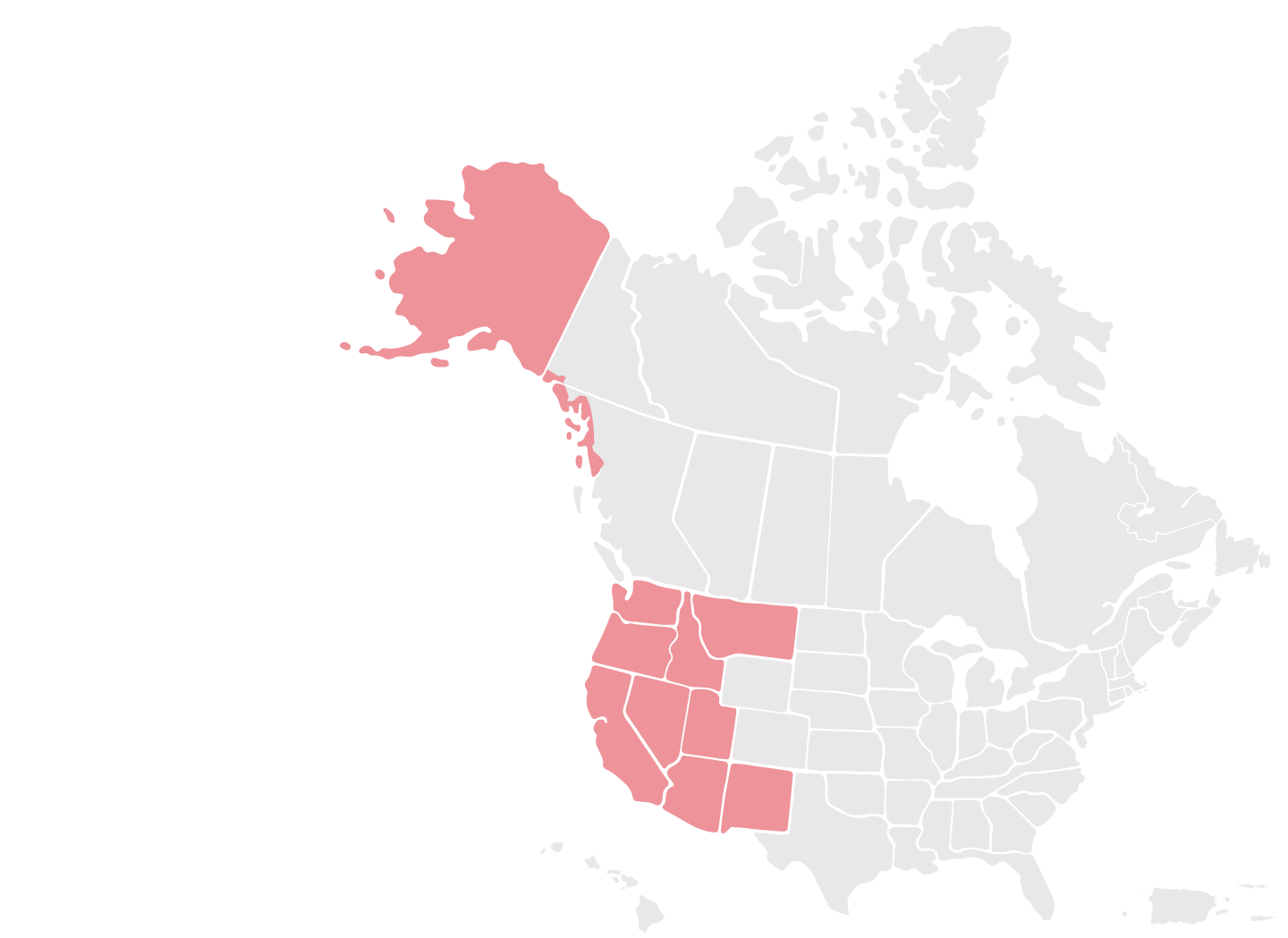 US and Canada map with the western US states and Alaska highlighted