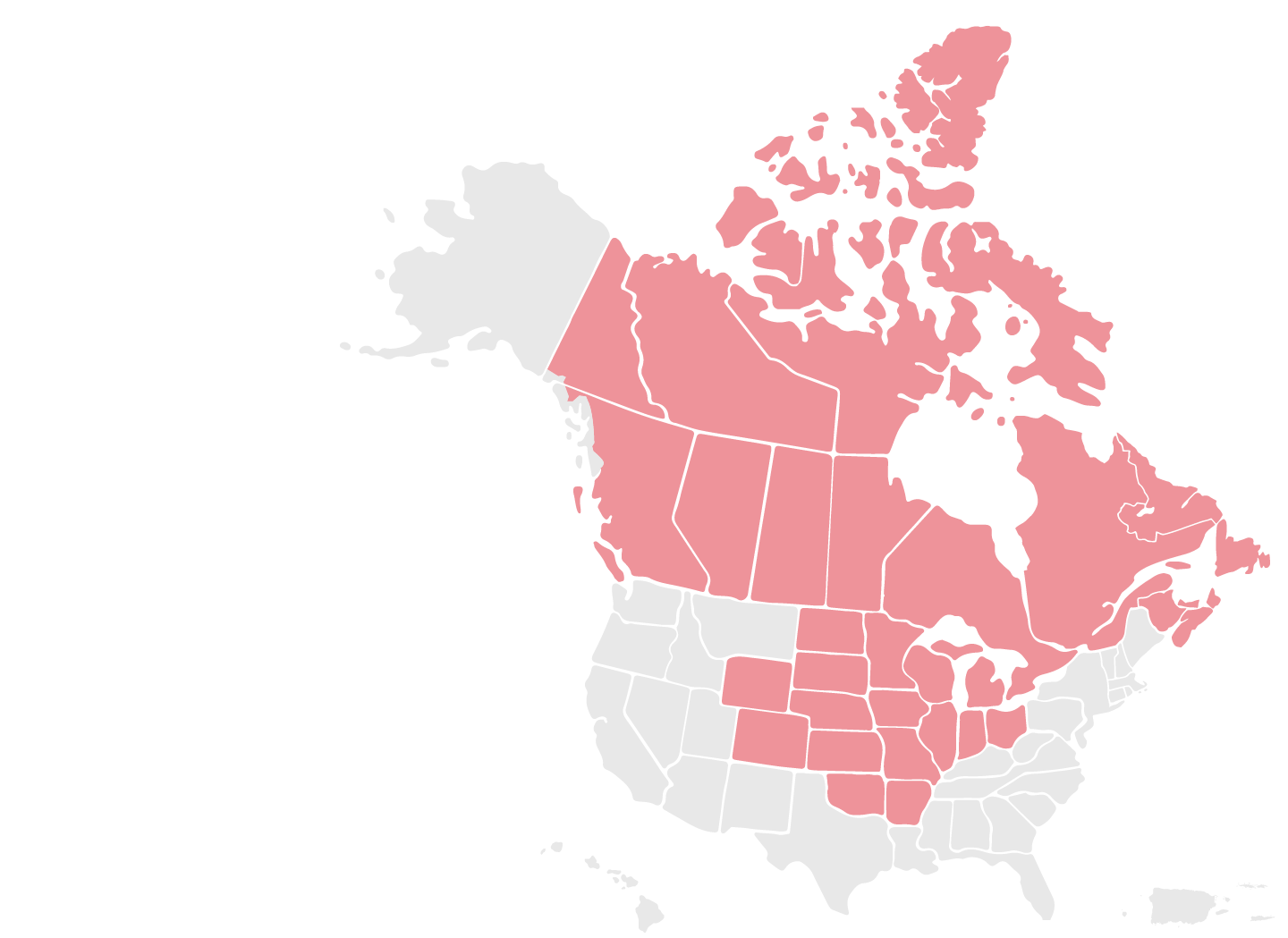 US and Canada map with central states and all of Canada highlighted in Red