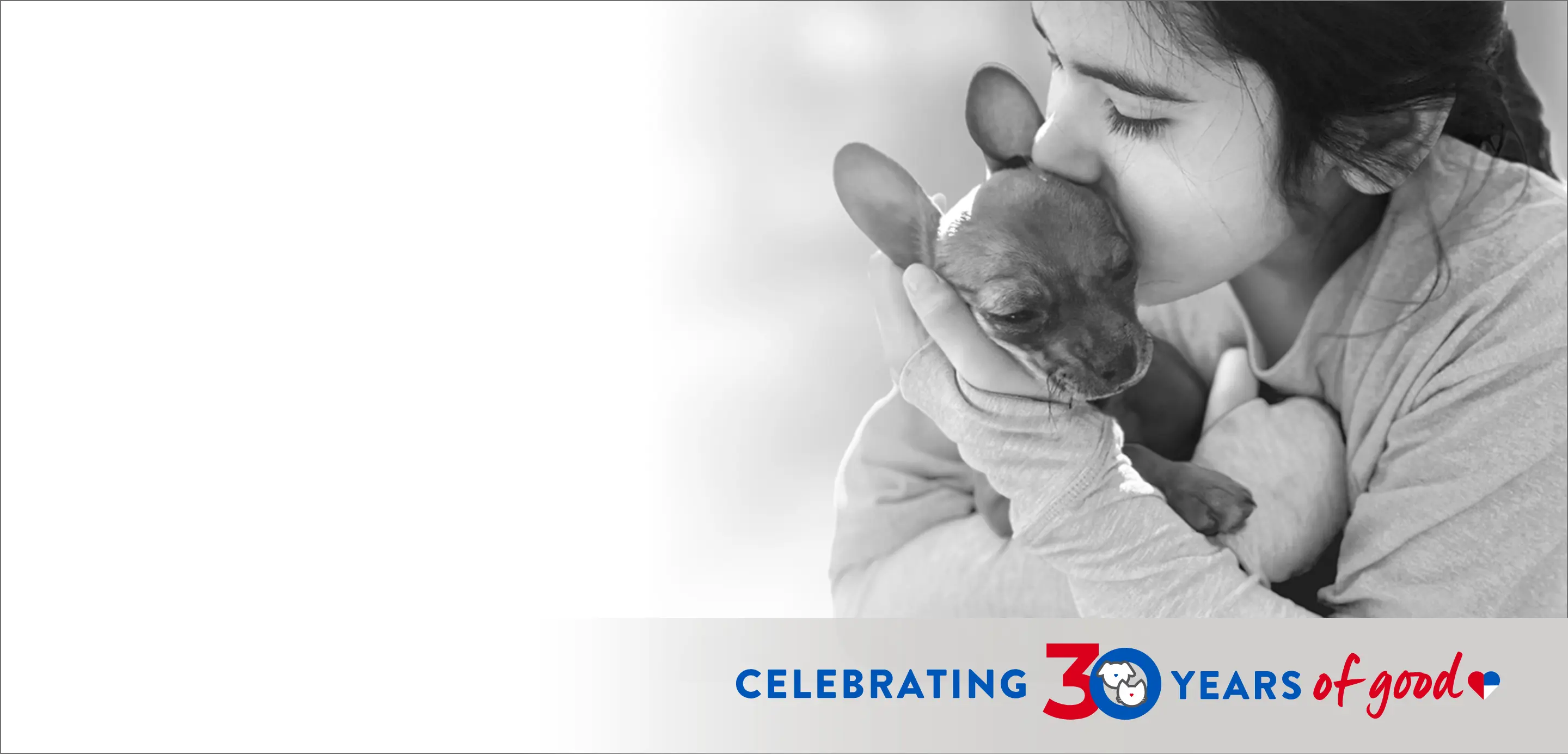 young girl kisses a chihuahua on the side of the head, text that reads "Celebrating 30 Years of Good"