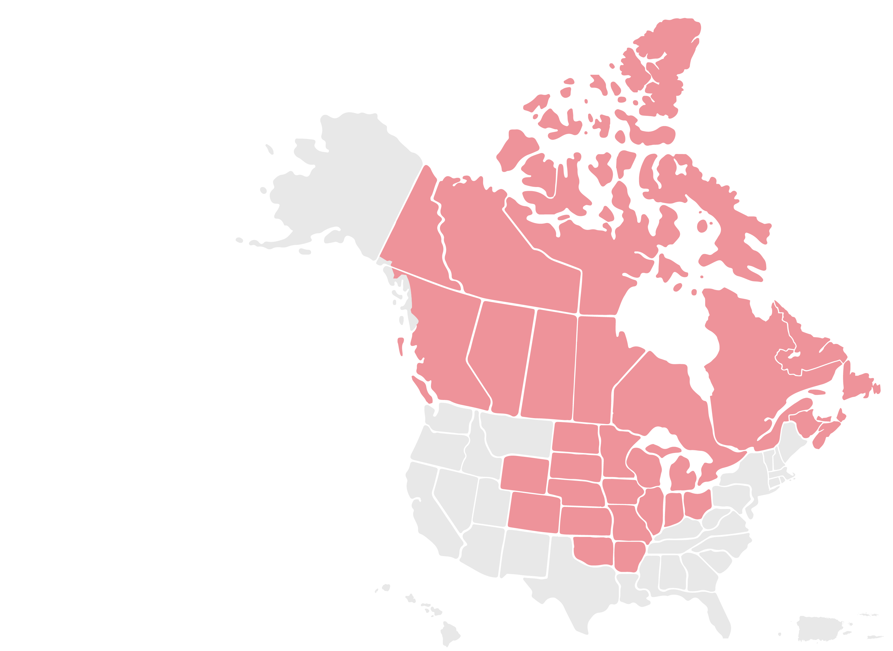 US and Canada map with central states and all of Canada highlighted in Red: AR, CO, IL, IN, IA, KS, MI, MN, MO, NE, ND, OH, OK, SD, WI, WY, AB, BC, MB, NB, NL, NT, NS, NU, ON, PE, QC, SK, and YT