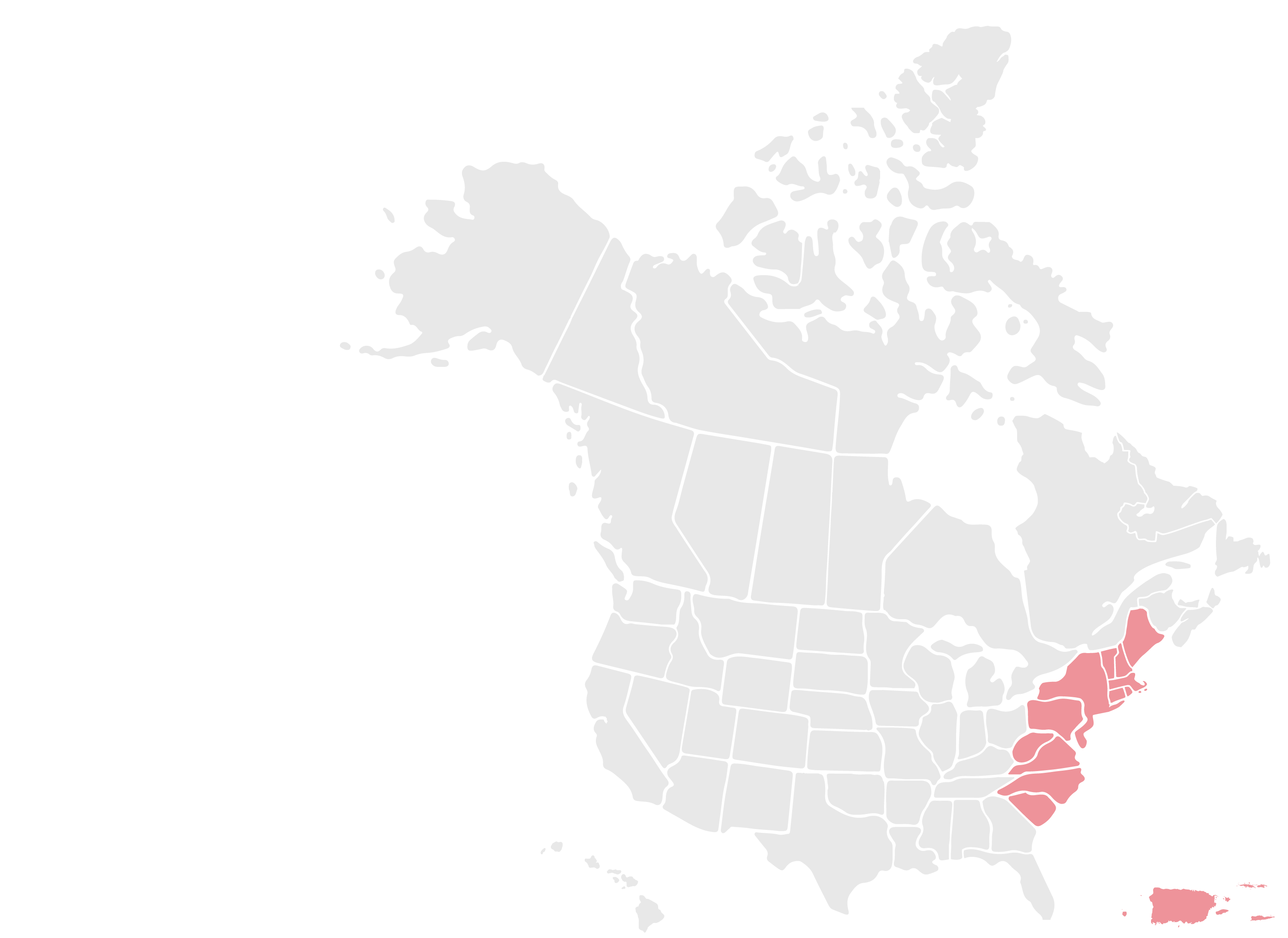 US and Canada map with US states CT, DE, ME, MD, MA, NH, NJ, NY, NC, PA, RI, SC, VT, VA, and WV highlighted in red