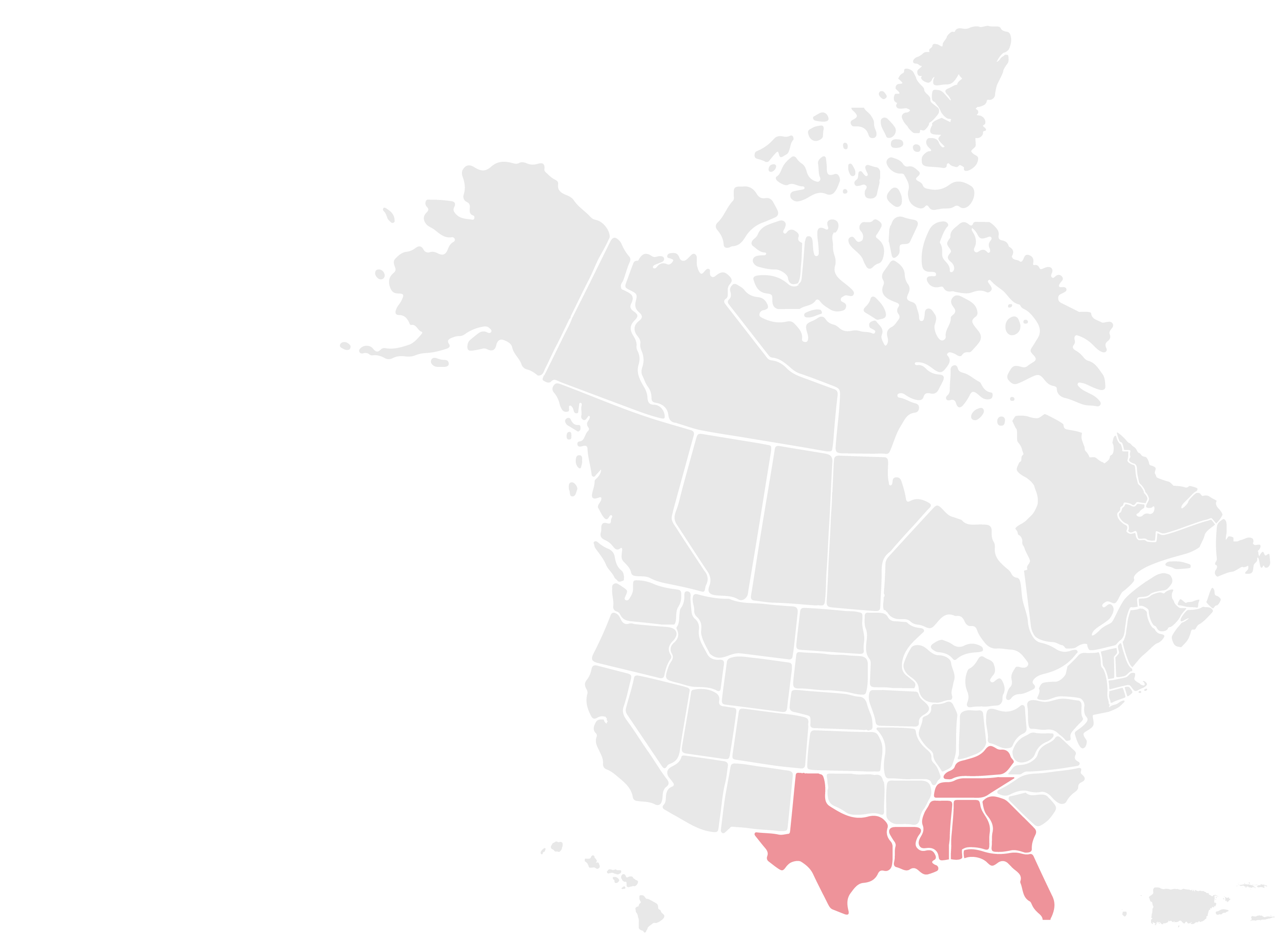 Map of the US & CA with US States AL, FL, GA, KY, LA, MS, TN, and TX highlighted in red