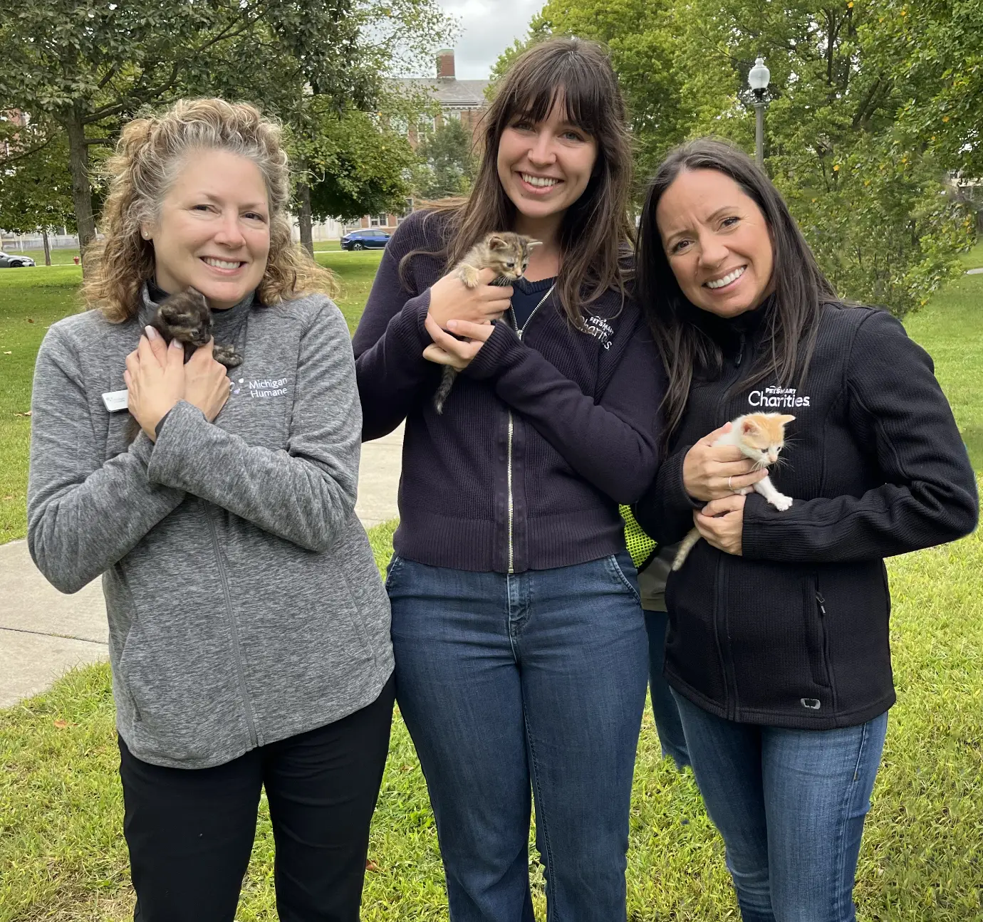 three women pose with kittens in a park